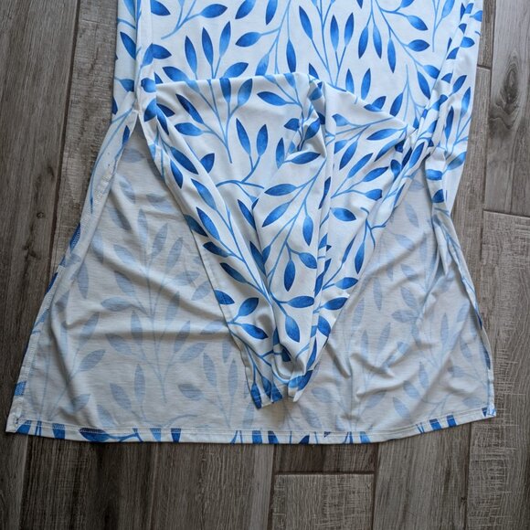 Exclusive Heart Blue Leaf Print Maxi Dress M – Short Sleeve V-Neck Summer - Picture 4 of 7